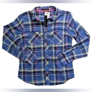 NWT Sandra Ingrish Blue Plaid Flannel Button Up Shirt Small